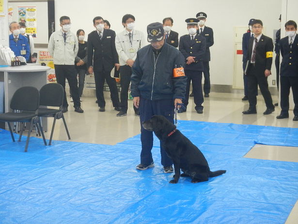 爆発物捜索犬と指導員の写真
